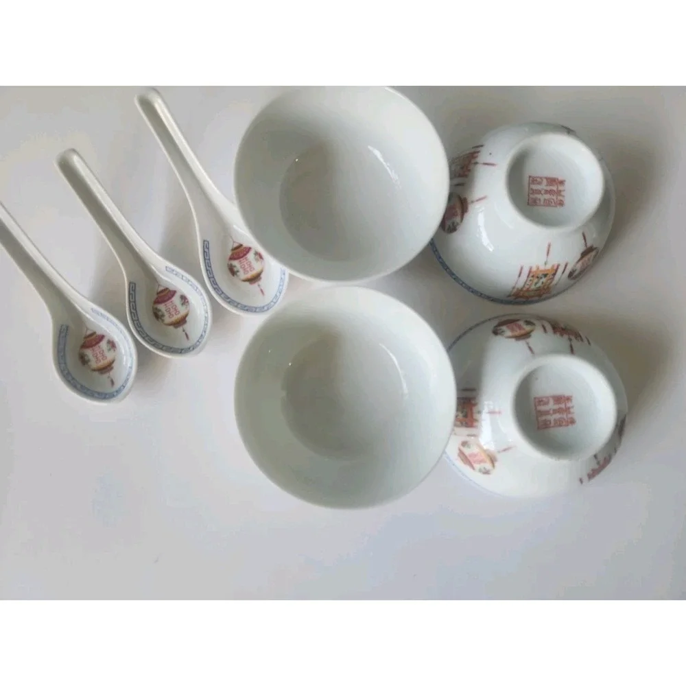 Vintage Set Of 4 Tatung Porcelain Rice Soup Bowl Red Lantern Theme